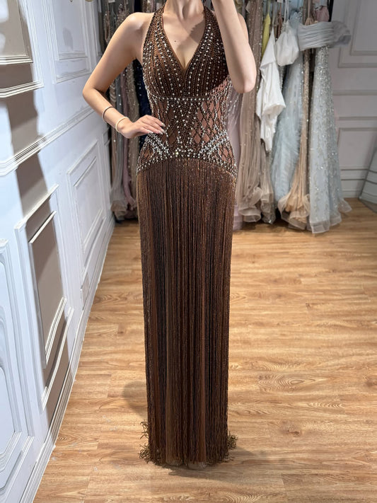 Butter Yellow Halter Neck Evening Dress with Fringe Skirt LA73765