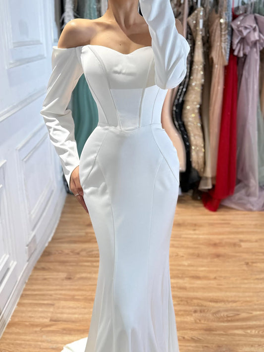 Luxury White Off Shoulder Sweetheart Long Sleeve Mermaid Dress LA73768