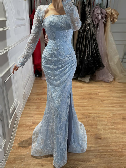 Elegant Blue Lace Beaded Long Sleeve Mermaid Gown with Slit LA73769