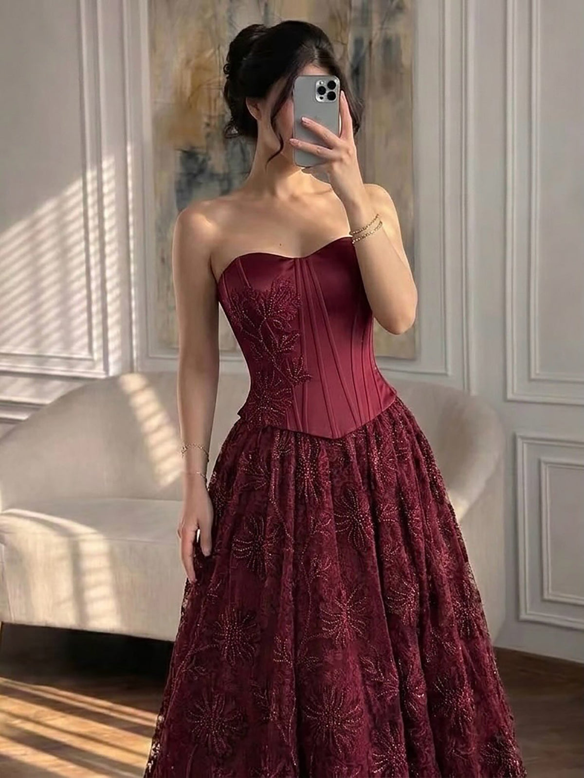 Luxury Wine Red Strapless Beaded Corset A-Line Evening Dress LA73775
