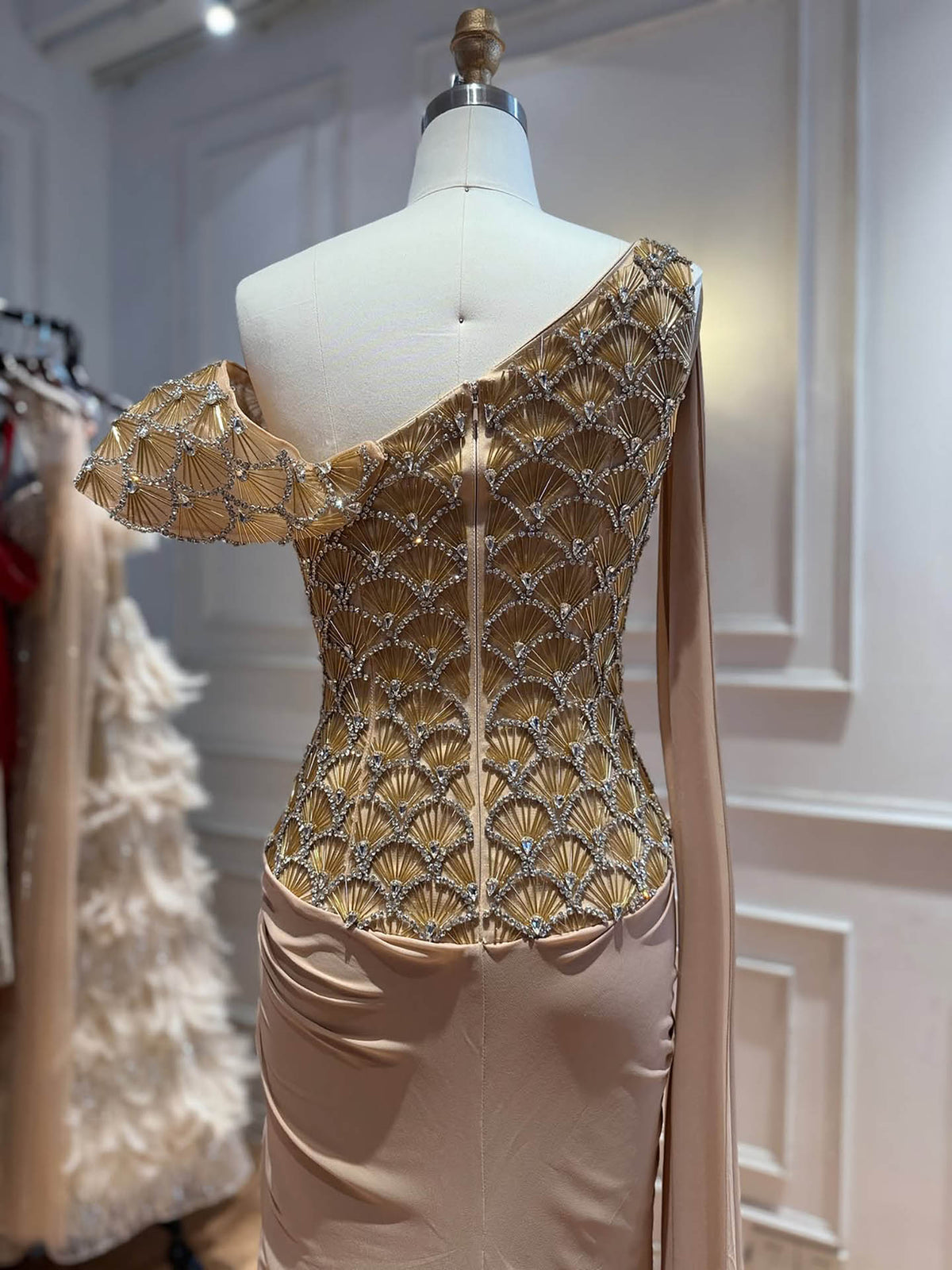 Gold Beaded One Shoulder Mermaid Evening Dress with Chiffon Skirt LA73780