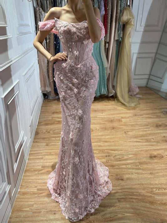 Luxury Pink Mermaid Off-Shoulder 3D Floral Lace Dress LA73788