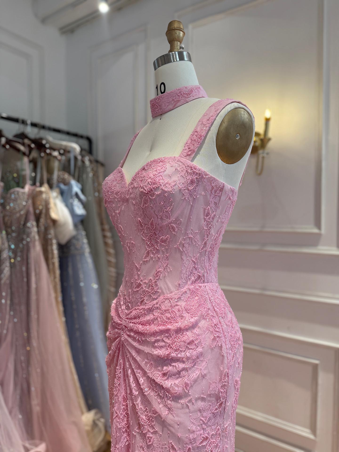 Pink Lace Beaded Mermaid Straps Evening Dress with Choker LA73789