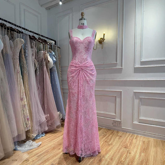 Pink Lace Beaded Mermaid Straps Evening Dress with Choker LA73789