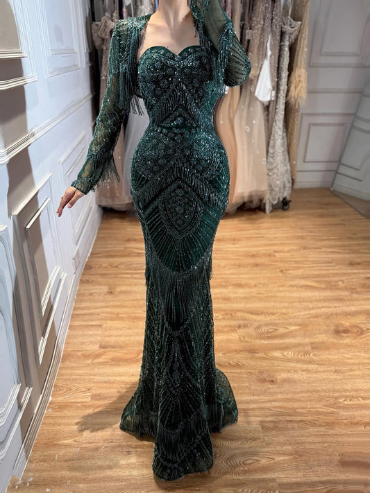 Luxury Green Long Sleeve Beaded Tassel Mermaid Dress LA73804