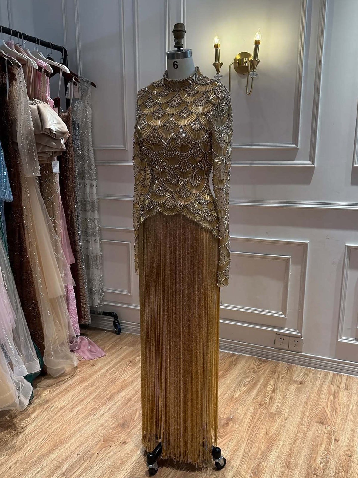 Modest Gold Beaded High Neck Long Sleeve Evening Dress with Tassel Fringe Skirt LA73834