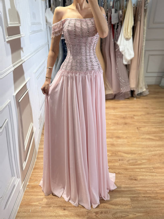 Luxury Pink Off The Shoulder Beaded Tassel Lace Up A Line Dress LA73842