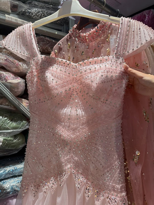Luxury Pink Beaded Cap Sleeve Lace Up A-Line Dress LA73844