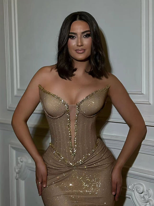 Luxury Gold Plunging Sweetheart Ruched Fitted Mermaid Dress LA73846