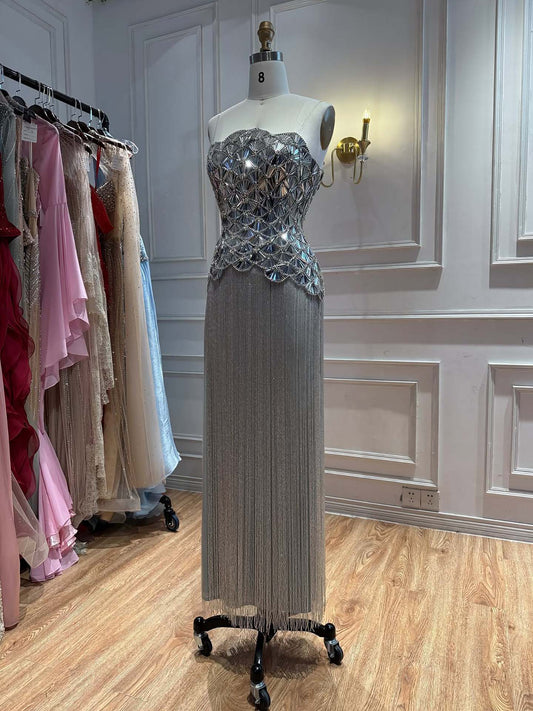 Silver Mirror Beaded Straight Evening Dress with Tassel Skirt LA73853A