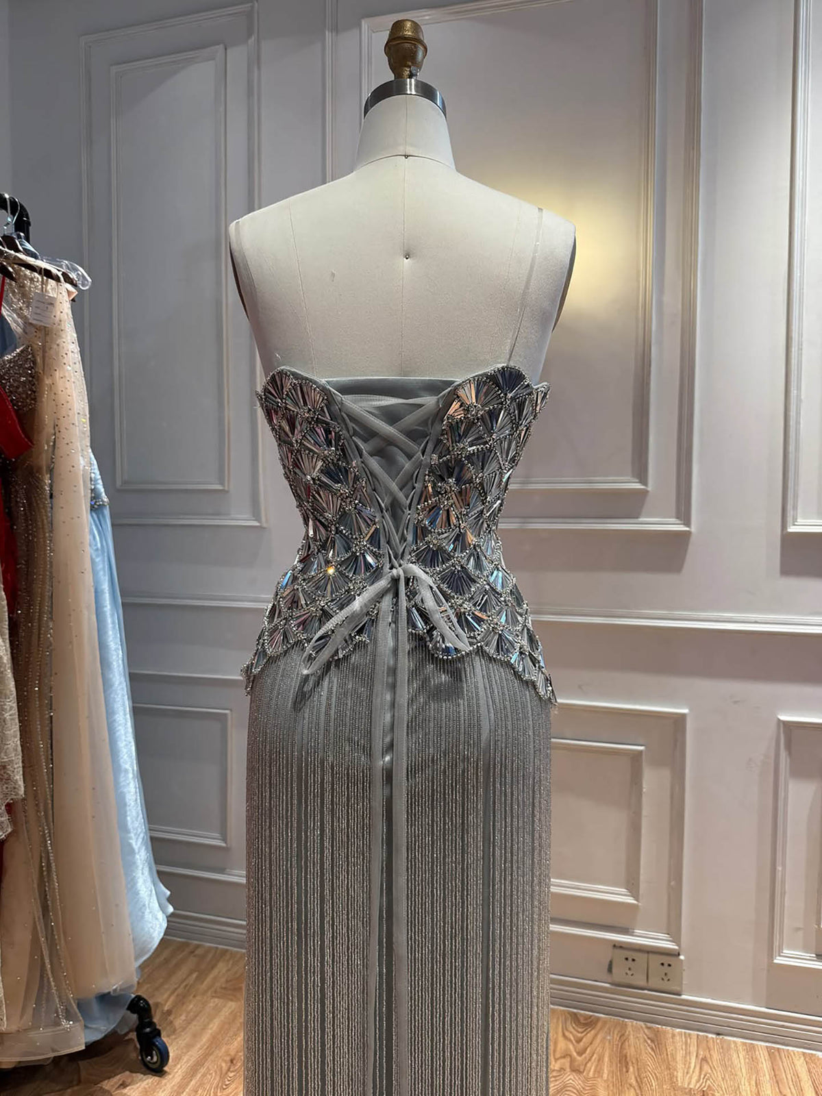 Silver Mirror Beaded Straight Evening Dress with Tassel Skirt LA73853A