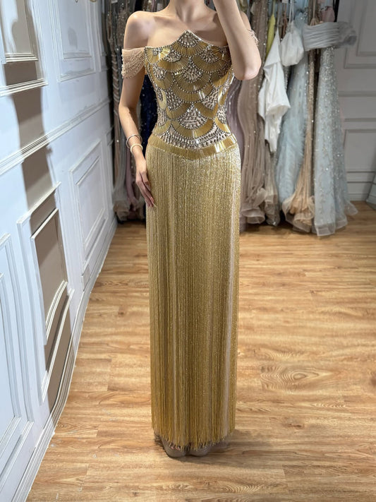 Luxury Gold Off the Shoulder Crystal Beaded Fringe Evening Dress LA73861