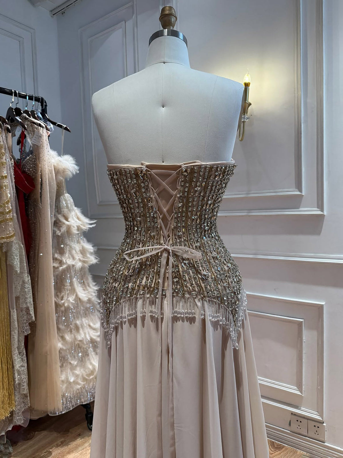 Nude Strapless Beaded Tassels Bodice Evening Dress with Chiffon Skirt LA73871