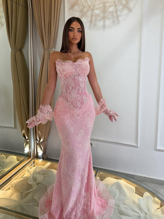 Luxury Pink Lace Beaded Strapless Mermaid Evening Dress LA73875