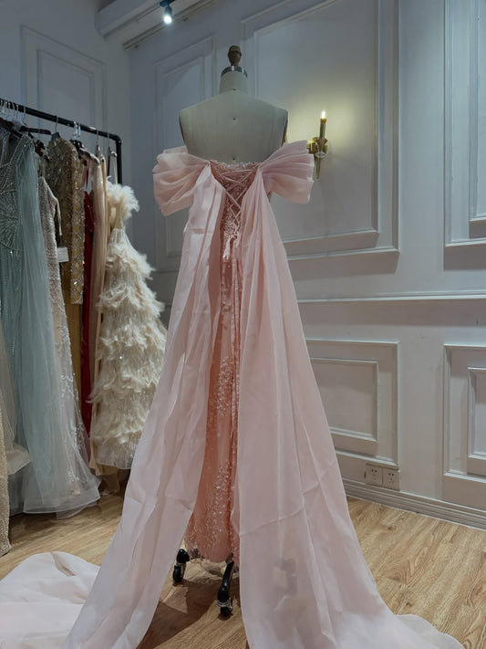 Soft Pink Off-the-Shoulder Beaded Evening Dress LA73877