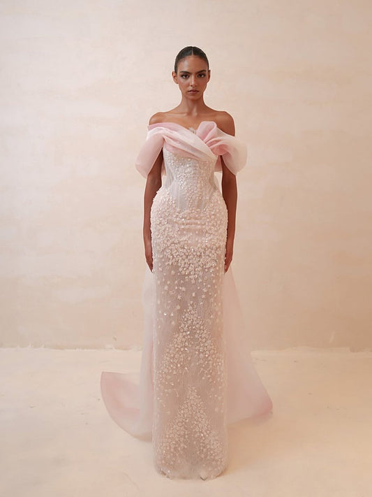 Luxury Pink Off the Shoulder Beaded Mermaid Evening Dress LA73877