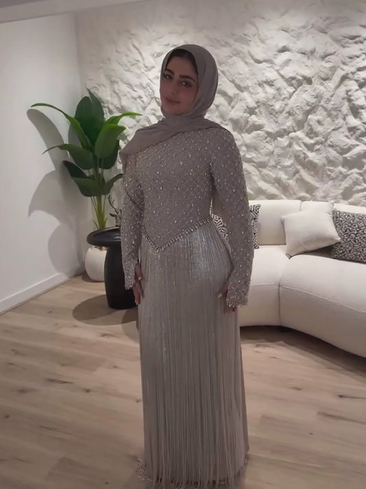 Luxury Silver High Neck Crystal Beaded Fringe Evening Dress LA73879