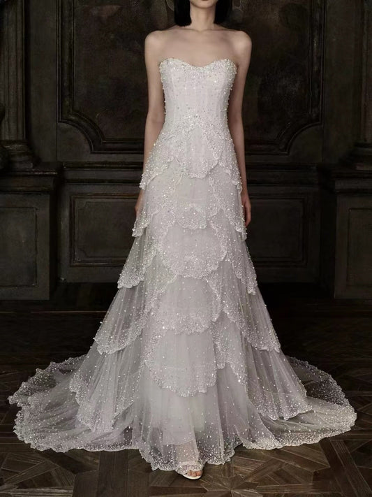 Luxury White Strapless Beaded Tiered Mermaid Wedding Dress LA73883