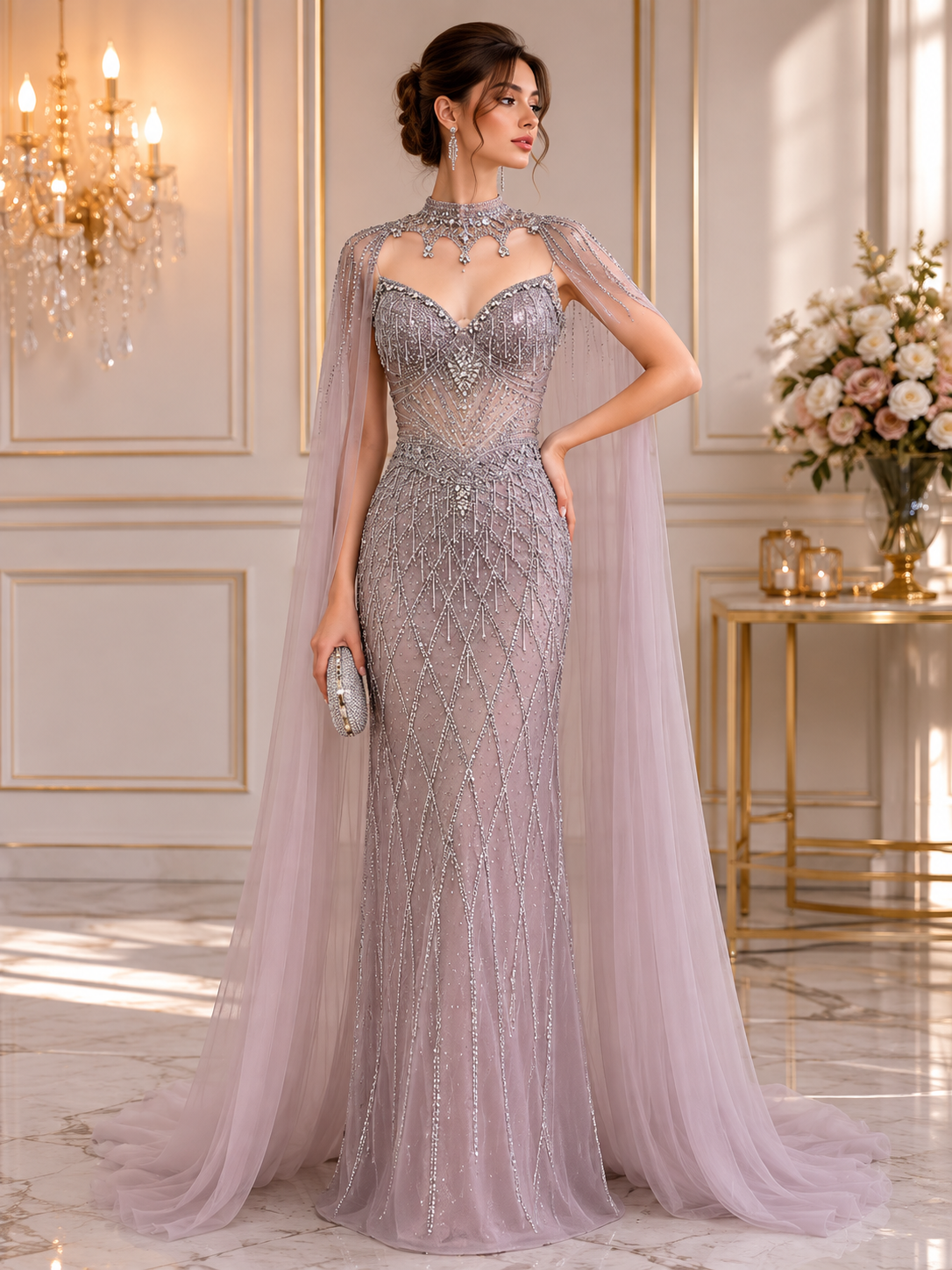 Nude Crystal Beaded Strapless Mermaid Dress with Detachable Cape LA73908