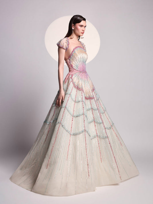 Luxury Multicolor Shell Beaded Off-Shoulder A-Line Evening Dress LA73943