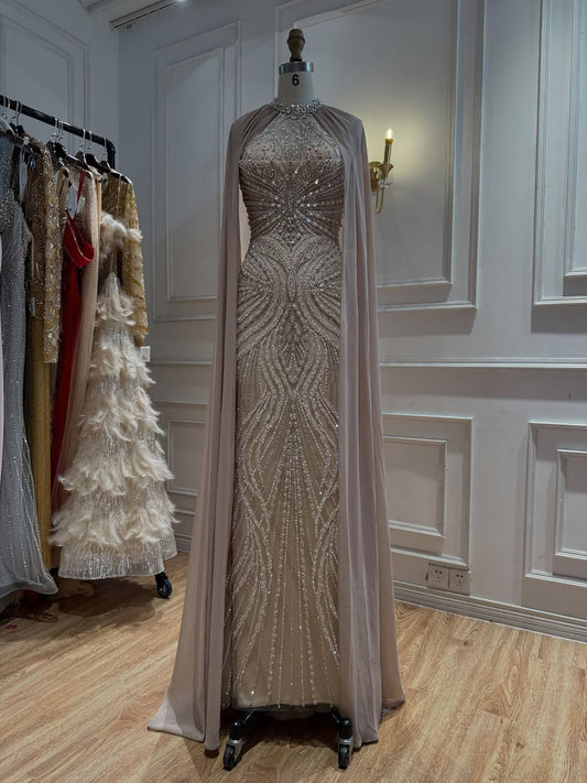 Luxury Nude Beaded Mermaid Evening Dress with Cape Sleeves LA73945