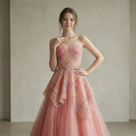 Peach PINK Floral Appliqué A-Line Sparkly Evening Gown Prom Dress