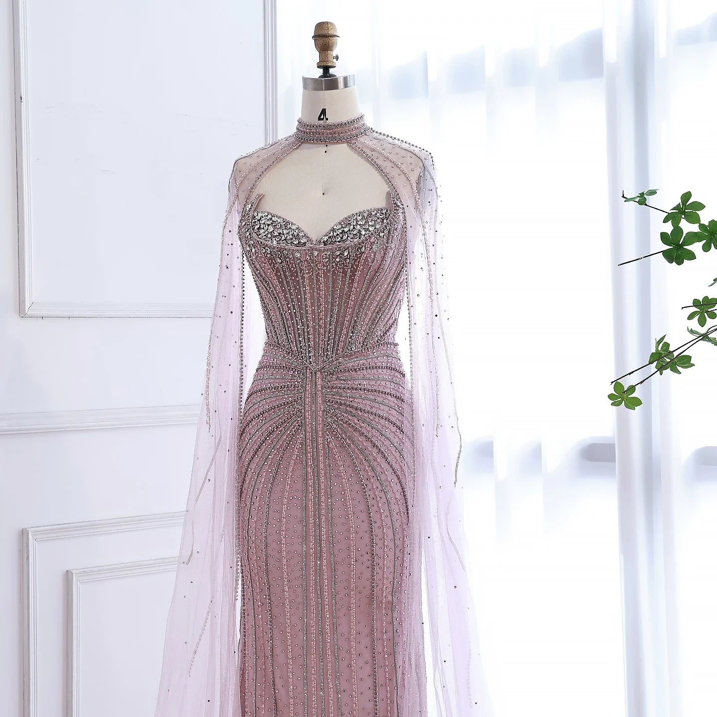 Caramel Beaded Mermaid Luxury Evening Dress with Detachable Cape LA72811C