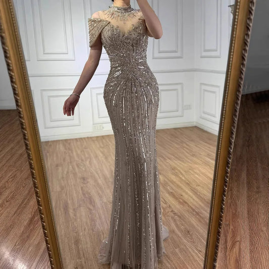 Saudi Arabic Modest High Neck Caramel Mermaid Beaded Evening Dress LA73082