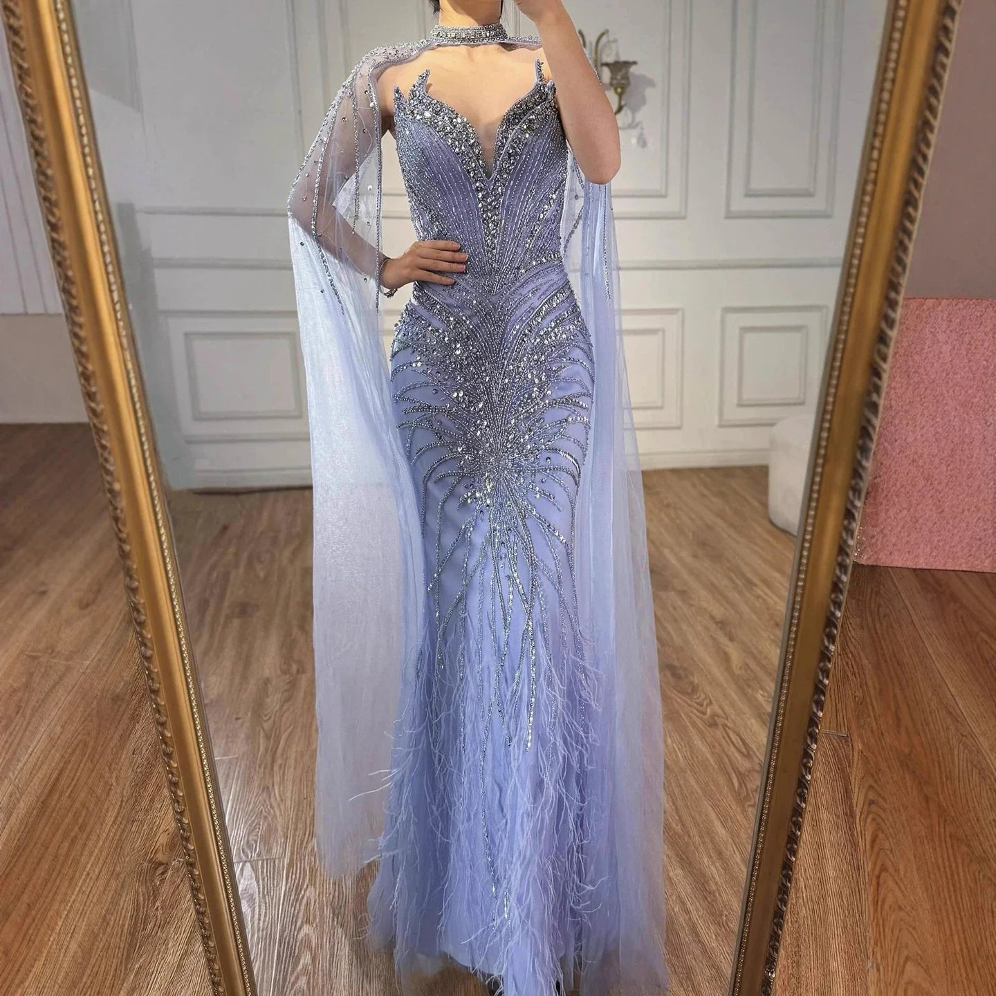 Luxury Caramel Feathers Beaded Evening Dress with Cape for Formal Occasion LA72882