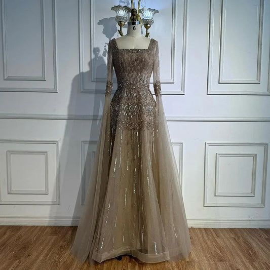 Green A-Line Beaded Evening Dress with Cape Sleeves LA73089