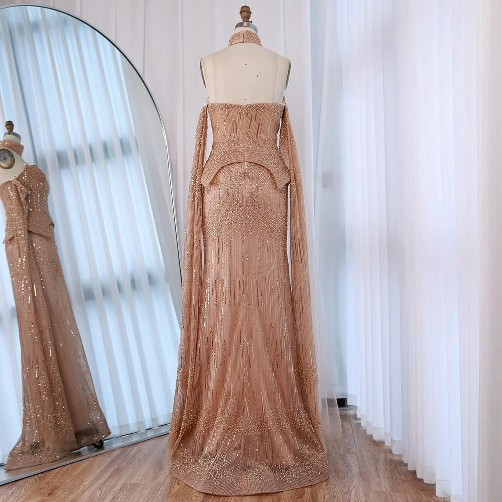 Luxury Gray Beaded Evening Dress with Detachable Sleeves LA73076