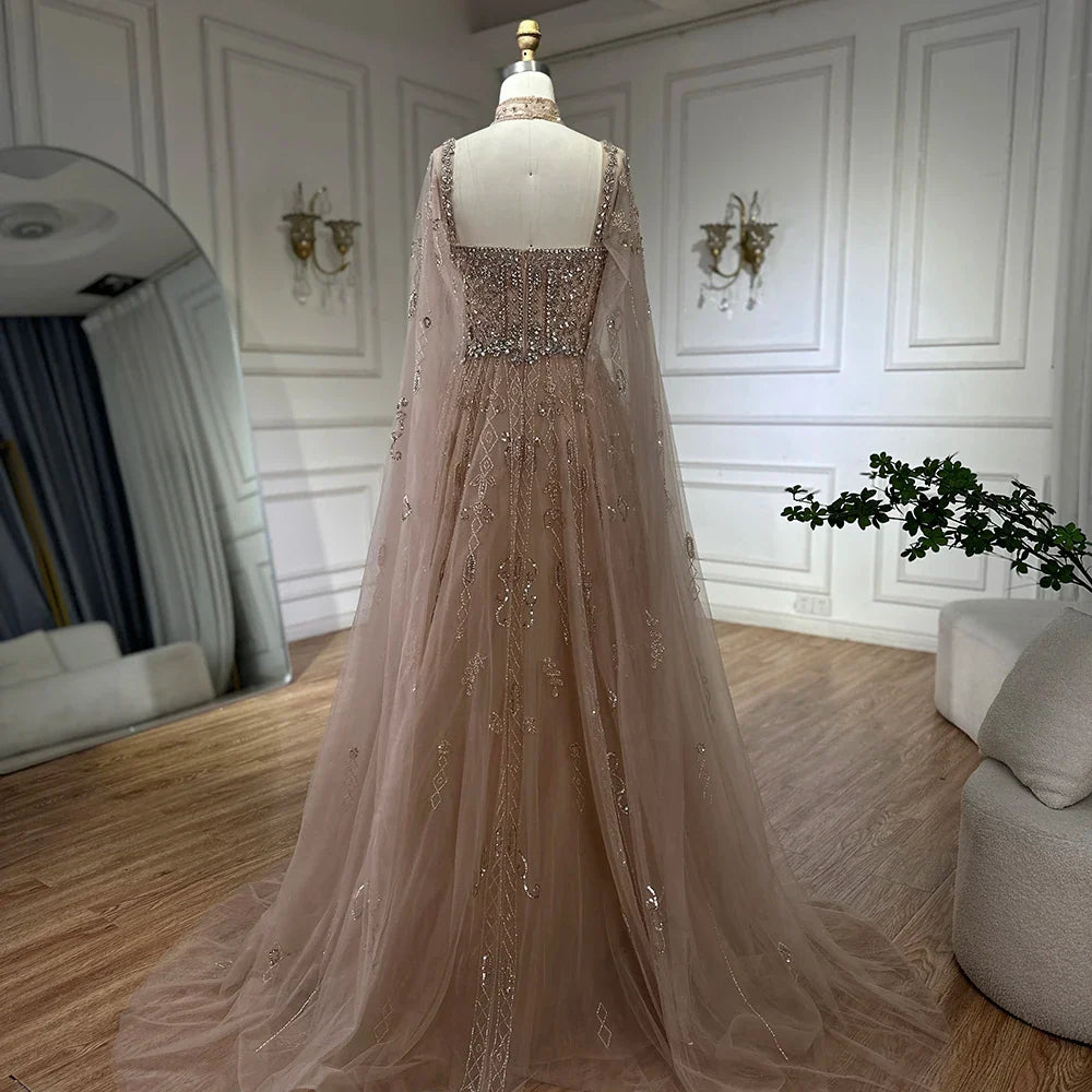 Luxury Cape Sleeve Nude A-Line Crystal Beaded Arabic Evening Dress LA72764