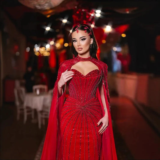 Red Beaded Mermaid Luxury Evening Dress with Cape LA72811A