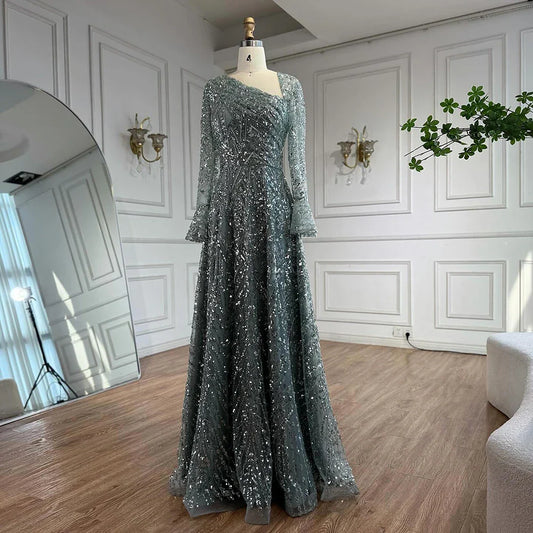Luxury Turquoise Beaded A-Line Long Sleeve Evening Dress LA73177