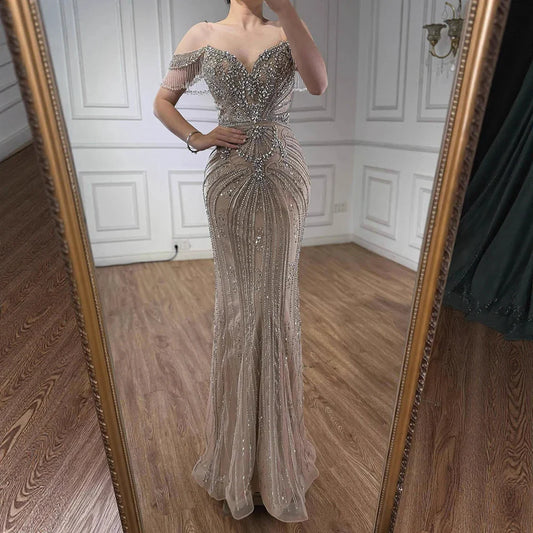 Luxury Pink Beaded Tassel Off-the-Shoulder Evening Dress Dubai Style LA73204