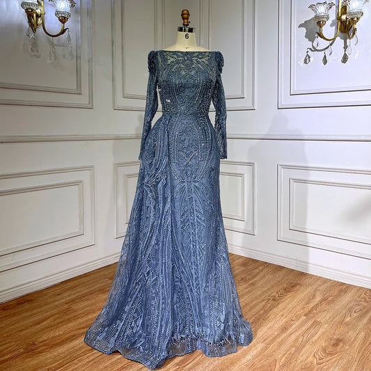 Blue Elegant Modest Beaded Evening Dress Gowns For Wedding Guest LA71833