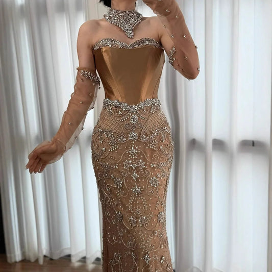 Saudi Nude Beaded Corset Mermaid Evening Dress with Gloves LA72929