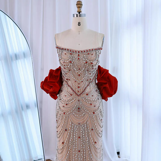 Luxury Red Beaded Evening Dress with Puff Sleeves Pearl Adorned LA72903