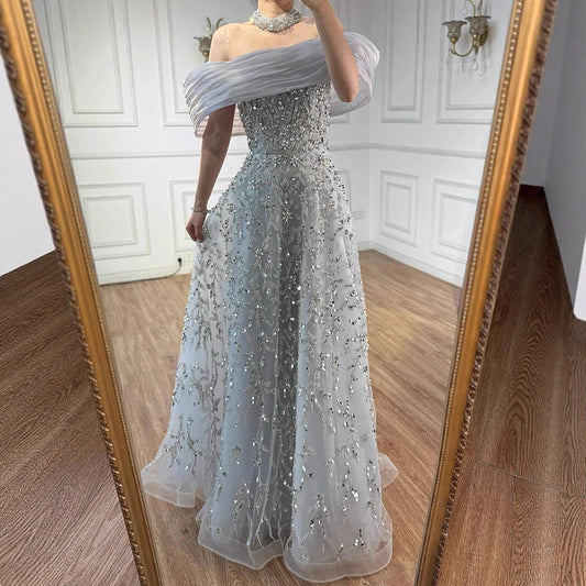 Glamorous Silver Gray Off-the-Shoulder Beaded Evening Dress Ball Gown LA73062