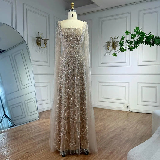 Arabic Turquoise Cape Sleeve Evening Dress Wedding Guest Gown Plus Size LA72590B