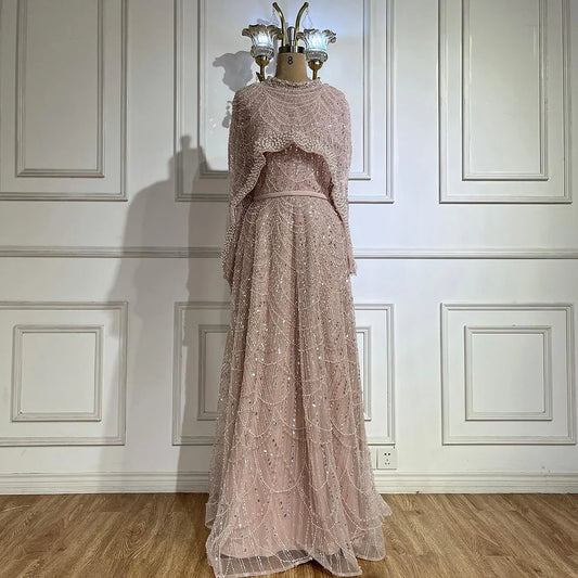 Luxury Modest Pink A-Line Evening Dress with Pearl and Cape LA72032B