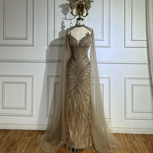 Luxury Caramel Feathers Beaded Evening Dress with Cape for Formal Occasion LA72882