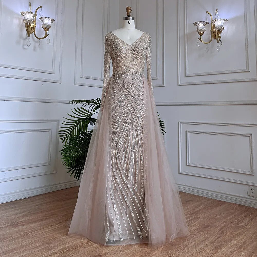 Beaded Green Luxury Evening Dresses with Detachable Tulle Skirt LA71750