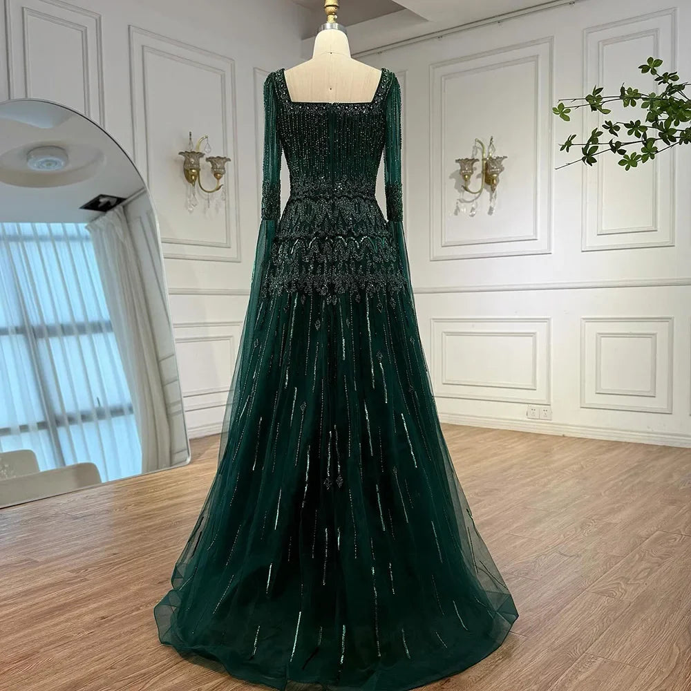 Green A-Line Beaded Evening Dress with Cape Sleeves LA73089