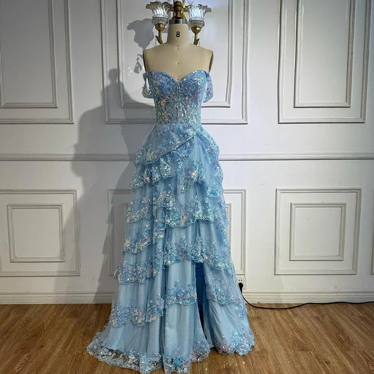 Baby Blue Off-the-Shoulder High Slit Ruffles A-Line Prom Dress MN72586