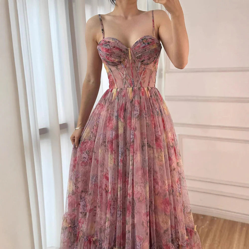 Pink Floral Print Ruffle Tiered A-Line Prom Dress LA73149