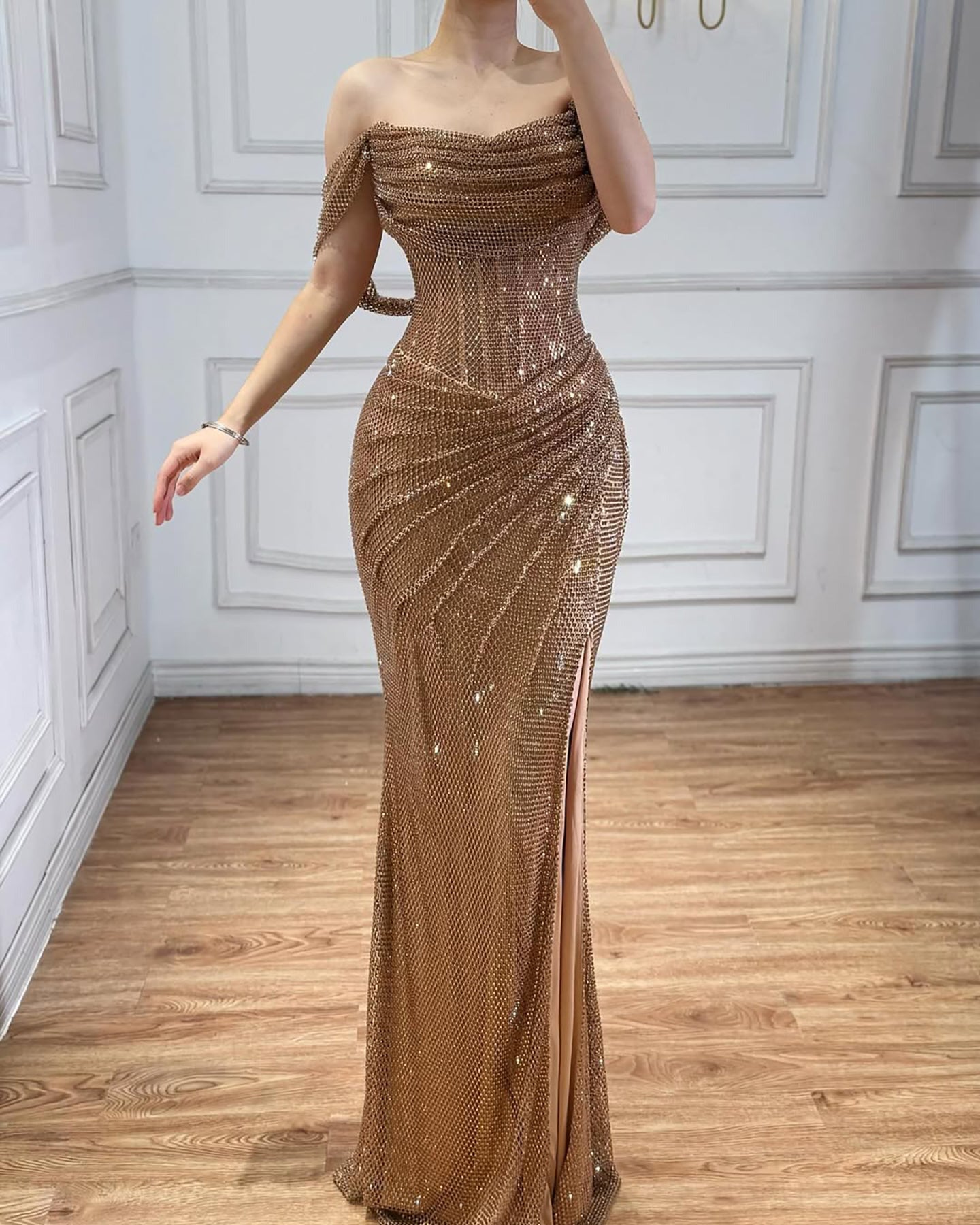 Wine Red Sparkly Beaded Mermaid Evening Dress with High Slit LA73410