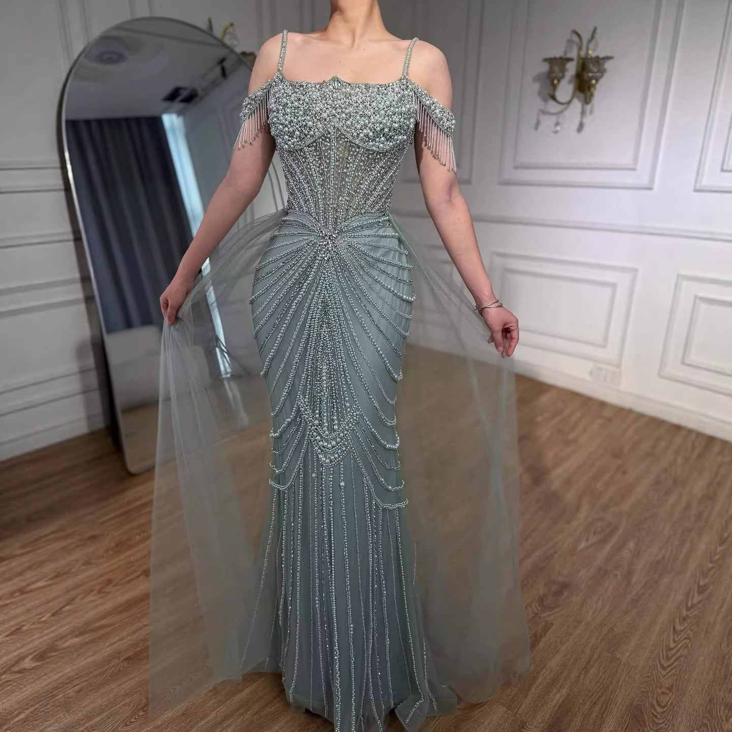Nude Pearls Heavy Beaded Mermaid Evening Dress with Tulle Train LA73148B