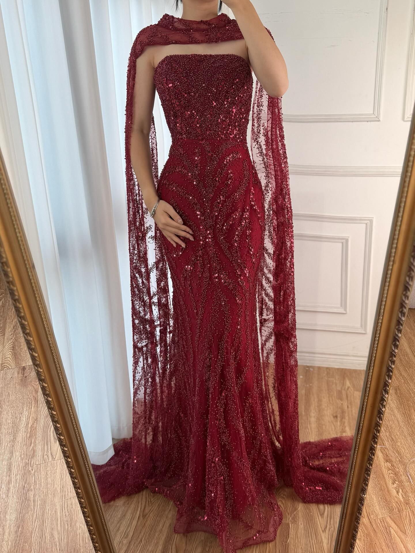 Nude Beaded Mermaid Sleeveless Evening Dress with Detachable Cape LA72824
