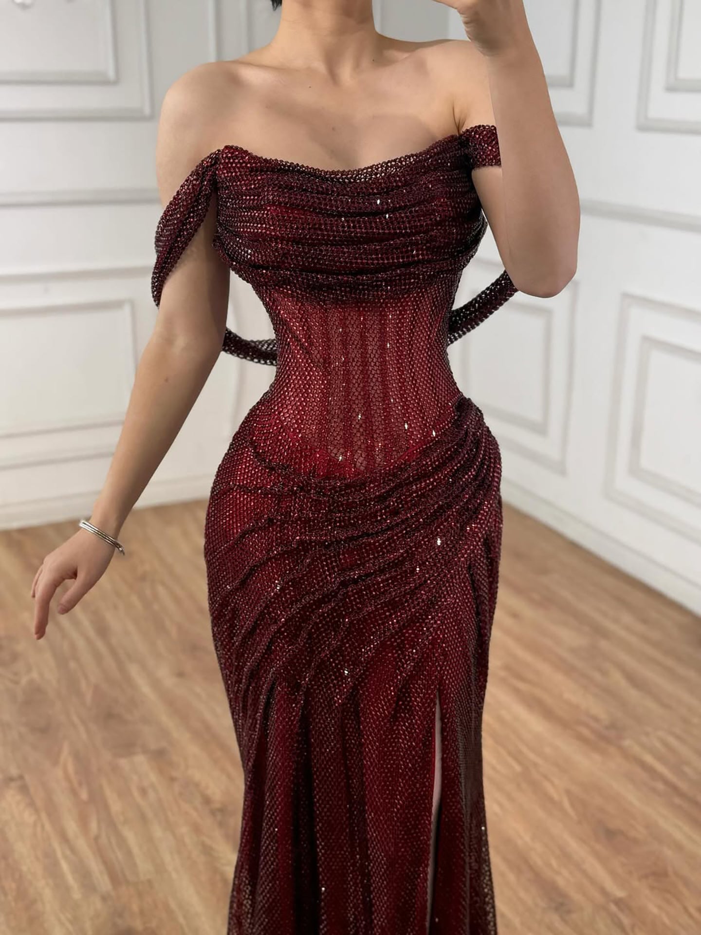 Silver Sparkly Fully Beaded Mermaid Evening Dress with High Slit LA73410